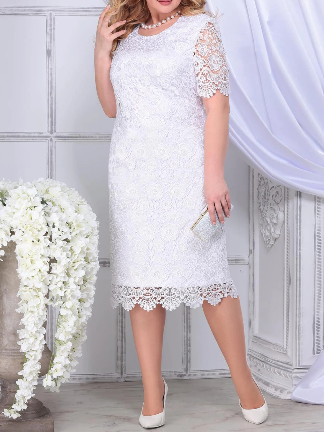 Grande taille robes de soirée élégantes blanc femme été broderie florale invité de mariage mince crayon robe mi-longue robes