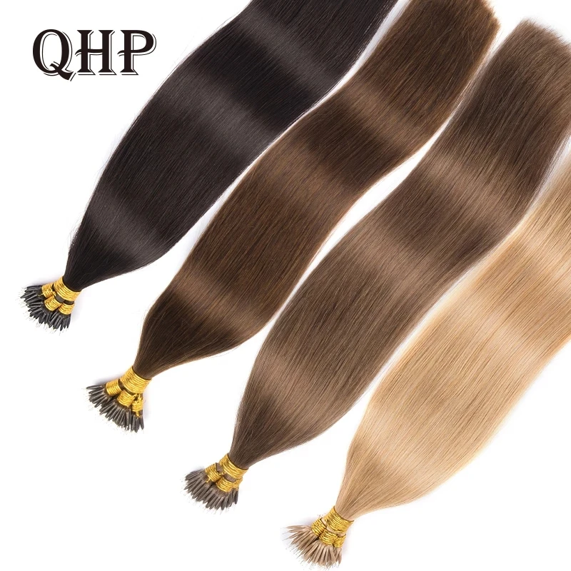 QHP – Extensions de cheveux 100% naturels Remy – Micro Link, anneaux Nano, couleurs marron, blond pur, 50 brins