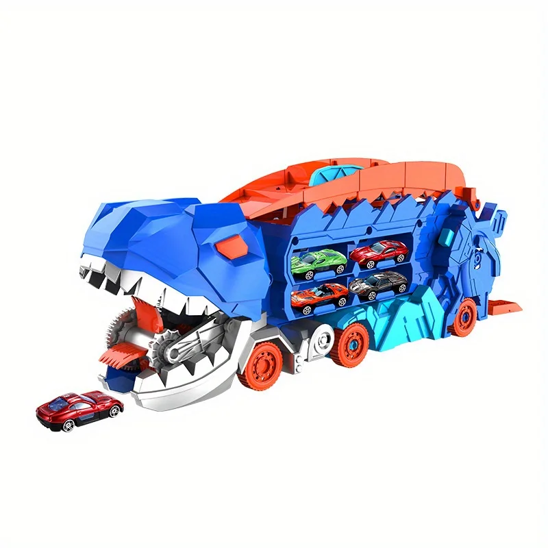 Le camion dinosaure de transport se plie et glisse 25 pouces sur la piste, transformant quatre buggies en vorannosaure debout