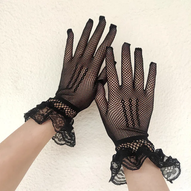 Gants de conduite résistants aux Uv pour femmes, noir et blanc, en maille résille fine, à la mode, à volants, doigt complet, mitaines en dentelle, été – Image 3