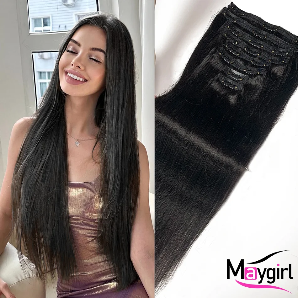 Extensions de cheveux brésiliens Remy lisses à Clip, 100% cheveux non traités, couleur noire naturelle, 26 pouces, pour femmes