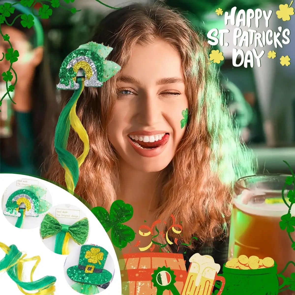 New St. Patrick's Day Synthetic Wigs Hair Clip Hair Accessories Green Curly Hair Strands Hat Cloud Accessories Cosplay Party