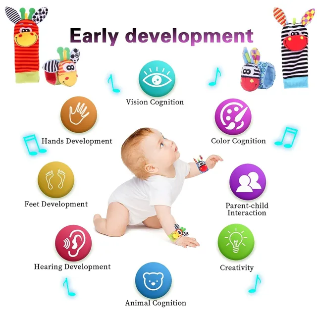 Hochet de poignet pour bébé de 0 à 12 mois, chaussettes, jouets d'apprentissage pour fille et garçon, développement éducatif précoce, cadeaux sensoriels mignons pour tout-petits – Image 4