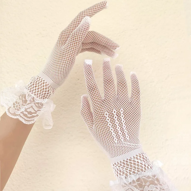Gants de conduite résistants aux Uv pour femmes, noir et blanc, en maille résille fine, à la mode, à volants, doigt complet, mitaines en dentelle, été – Image 5
