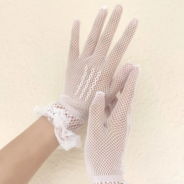 Gants de conduite résistants aux Uv pour femmes, noir et blanc, en maille résille fine, à la mode, à volants, doigt complet, mitaines en dentelle, été – Image 4