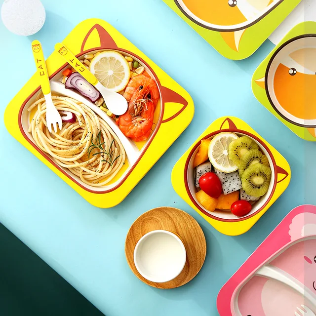 Bol de vaisselle en Fiber de bambou naturelle pour bébé, assiette d'alimentation pour bébé, ensemble de bols de dessin animé mignon pour enfants – Image 2