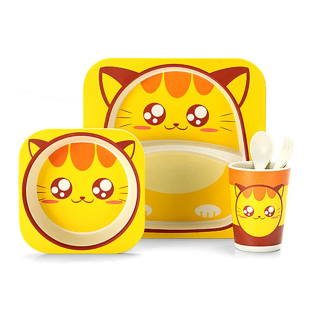 Bol de vaisselle en Fiber de bambou naturelle pour bébé, assiette d'alimentation pour bébé, ensemble de bols de dessin animé mignon pour enfants – Image 3