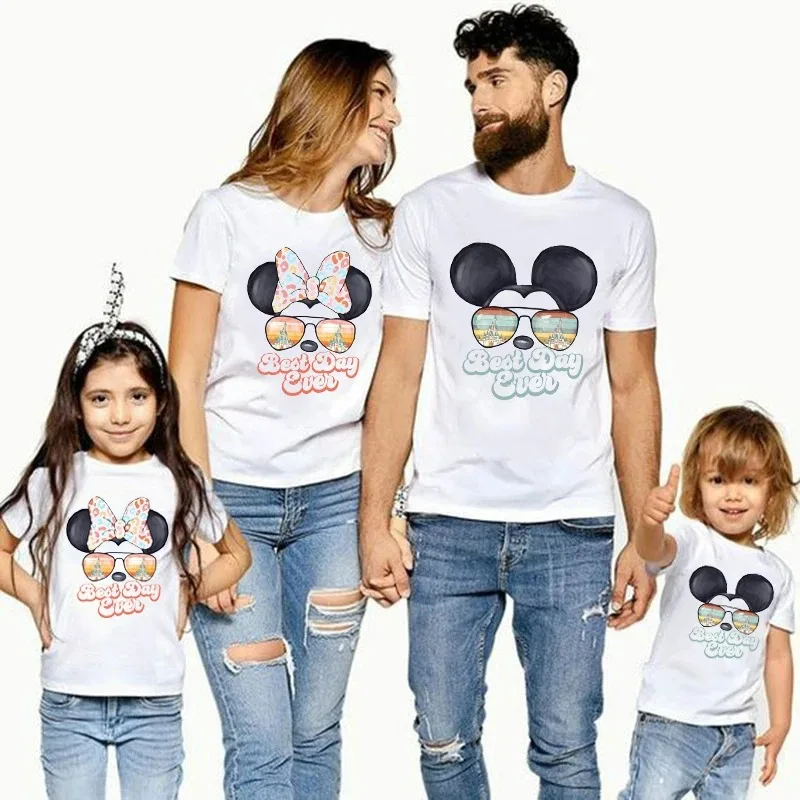T-shirt imprimé Minnie Mouse pour la famille, t-shirts assortis pour père, mère et enfants, t-shirts Disney, blanc, drôle, meilleur jour jamais