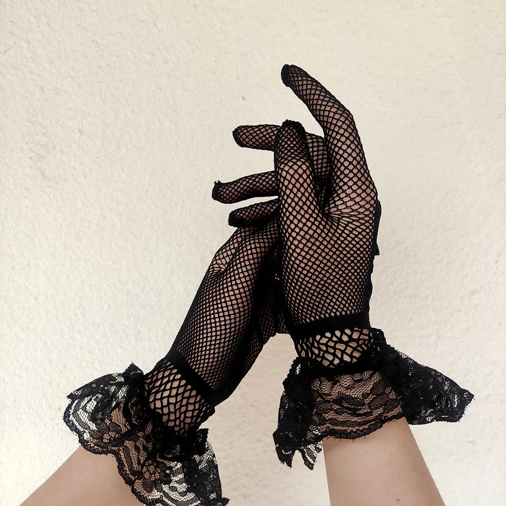 Gants de conduite résistants aux Uv pour femmes, noir et blanc, en maille résille fine, à la mode, à volants, doigt complet, mitaines en dentelle, été