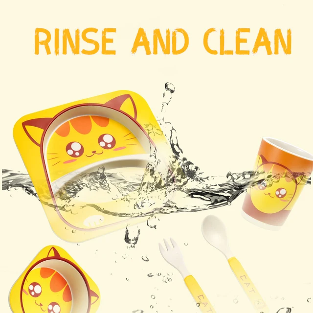 Bol de vaisselle en Fiber de bambou naturelle pour bébé, assiette d'alimentation pour bébé, ensemble de bols de dessin animé mignon pour enfants – Image 4