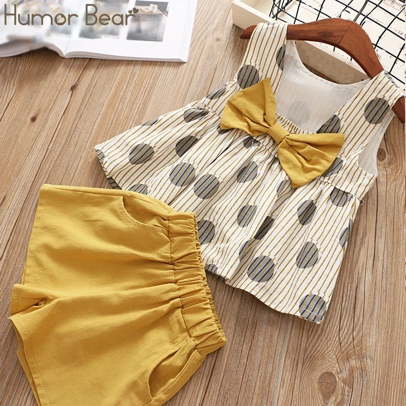 Humor Bear-Ensemble de vêtements d'été pour filles, t-shirt et short à gros nœud, style coréen, pour enfants, nouvelle collection