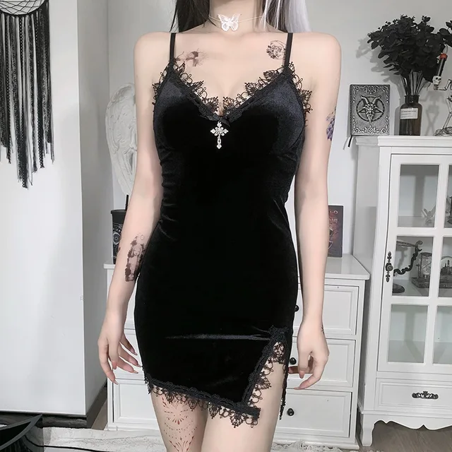 Mini robe noire croisée foncée, Vintage, Sexy, bretelles Spaghetti, taille haute, fente latérale, Goth Party Club, robe pour femmes – Image 4