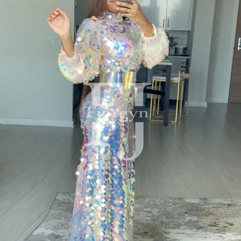 SybRainbow-Robe de soirée sirène à paillettes pour filles, manches longues, col haut, robe de soirée éducative, quelle que soit la mode, fête d'anniversaire