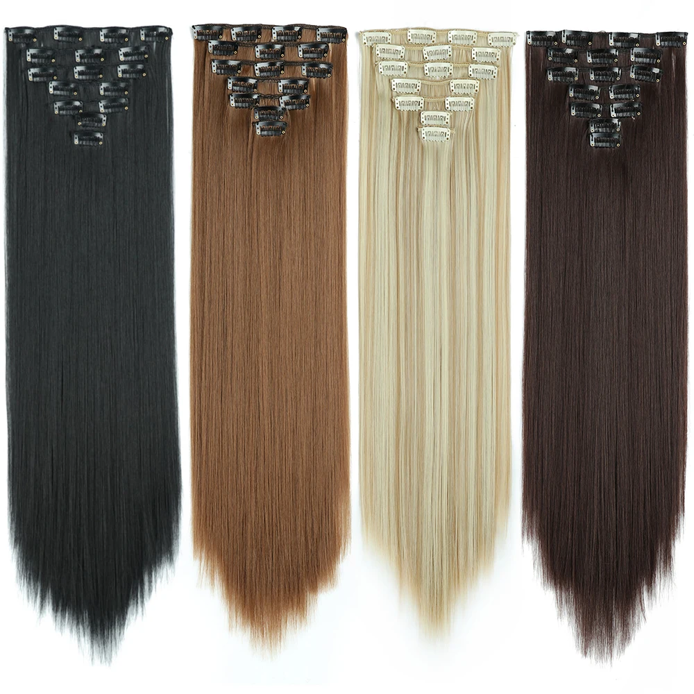 Extensions de Cheveux Synthétiques Longs et Lisses, Postiches Blondes Noires, Degré de Chaleur, Faux Cheveux, 24 Pouces, 16 Clips