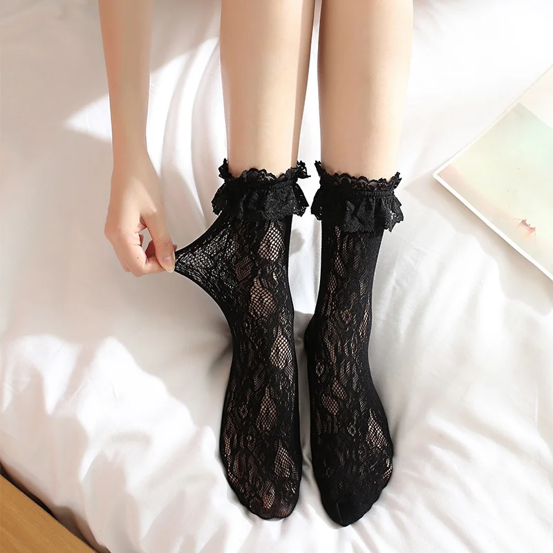 Sexy dentelle maille résille chaussettes fibres mélangées Transparent Stretch élasticité cheville Net fil mince femmes Cool chaussettes 1 paire = 2 pièces tt017