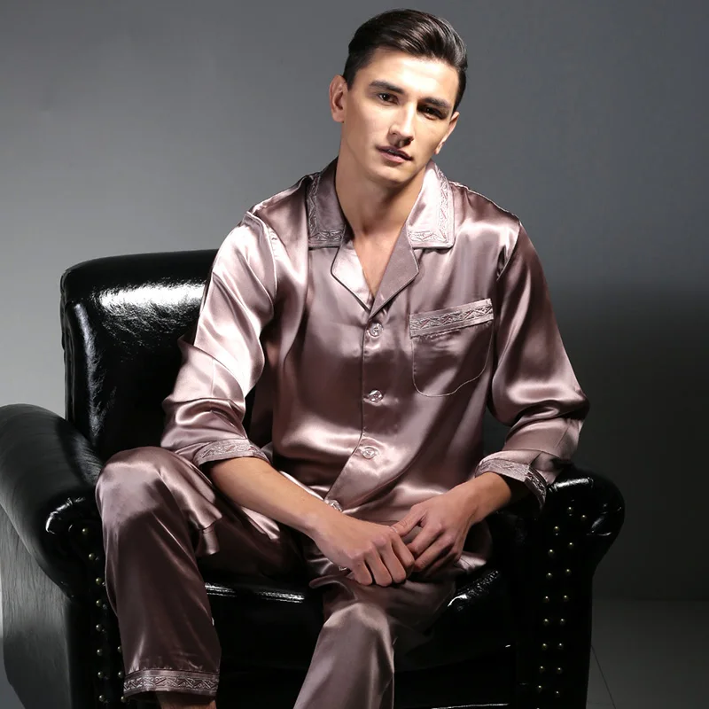 100% Mulberry Silk Pajamas Men Summer  Autumn Spring  Pajamas Real Silk Sleepwear Male Pants  Robe Night Suit