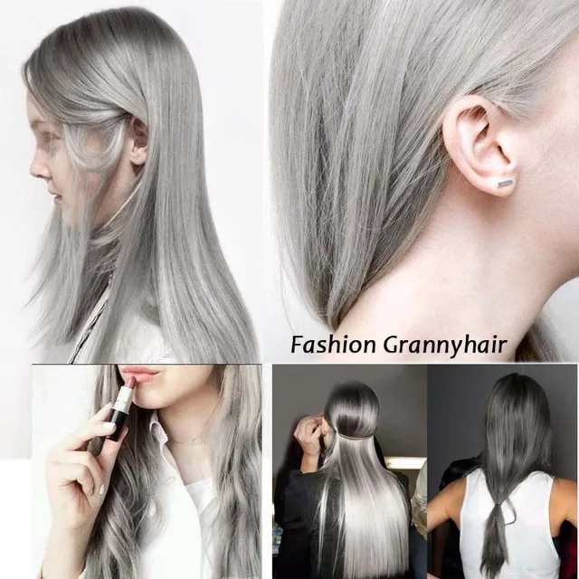 Extension de cheveux synthétiques gris argenté pour filles, postiches longues, droites et ondulées, bouclées, noir, document gris, clip en une pièce – Image 4