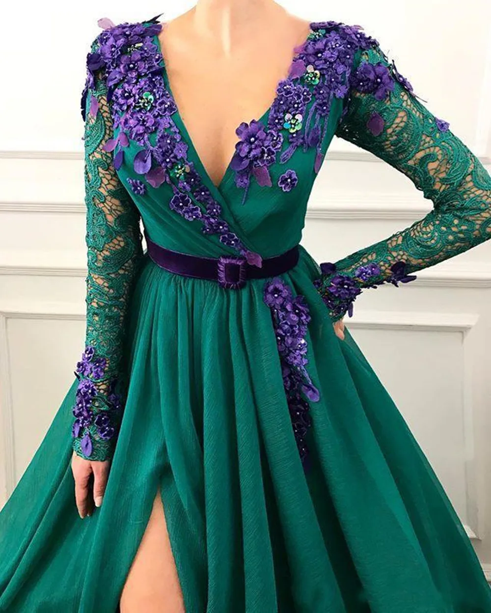 Robe de Soirée Personnalisée en Dentelle à Manches sulfet Col en V, Tenue de Bal Arabe, Dubaï, Fleur Perlée, Célébrité