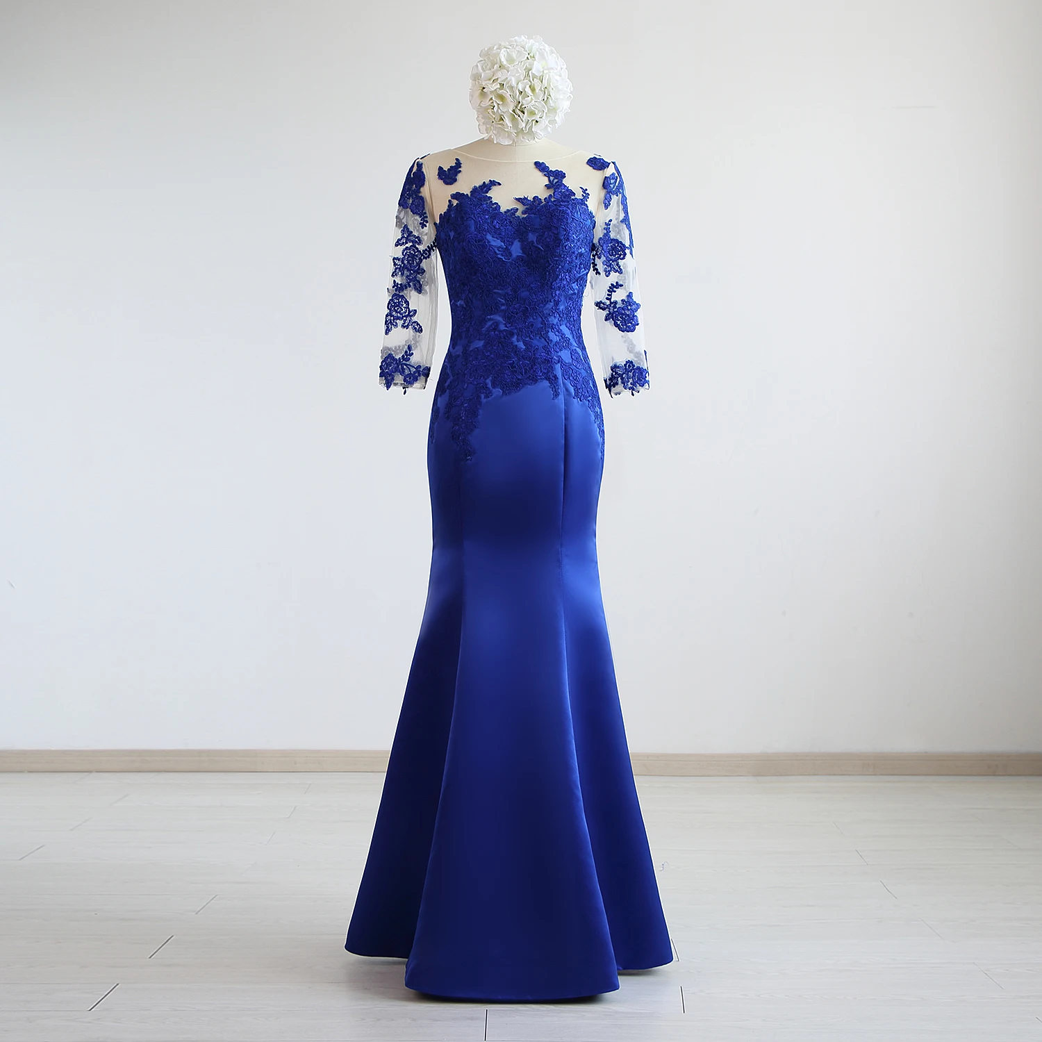 Robes mère de la mariée sirène/trompette en dentelle et Satin bleu Royal, manches 3/4, longueur au sol, sur mesure