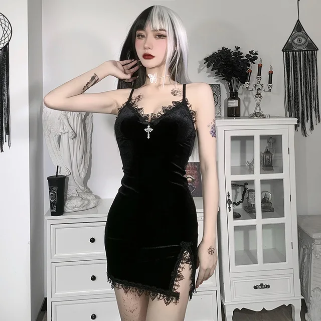 Mini robe noire croisée foncée, Vintage, Sexy, bretelles Spaghetti, taille haute, fente latérale, Goth Party Club, robe pour femmes