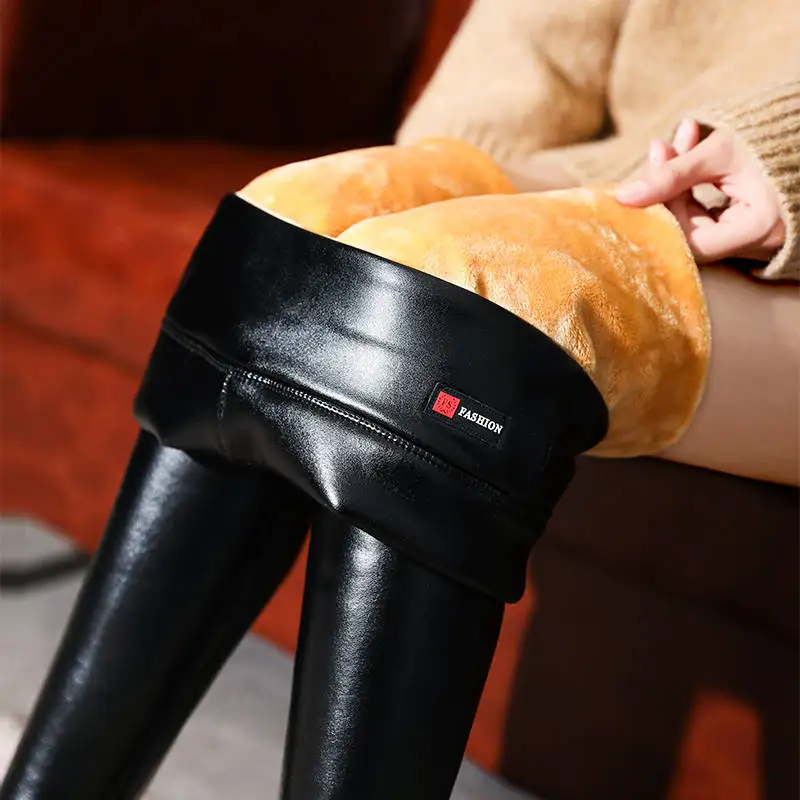 Hiver chaud 700g épais velours laine polaire dames Leggings femmes pantalon agneau cachemire femme Jegging Faux cuir pantalon