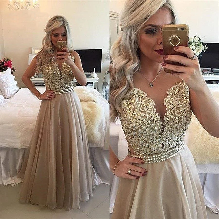 Robe de soirée longue en mousseline de soie, dentelle perlée, dos transparent, sans manches, col rond, longueur au sol, grande taille, nouvelle collection 2021