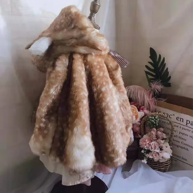 Cape de noël avec capuche en fourrure pour fille, vêtement chaud assorti pour maman et fille, collection hiver 2021 – Image 3