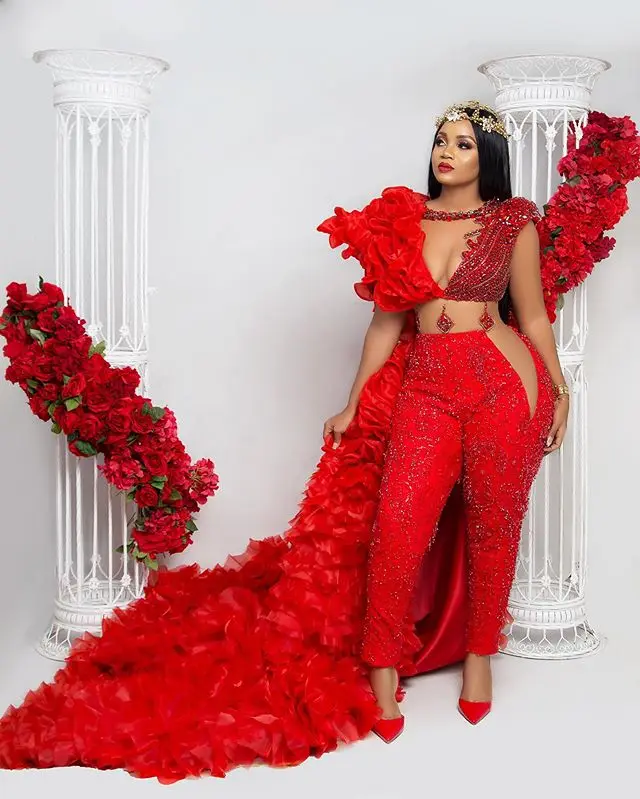 Combinaisons rouges perlées de luxe avec poignées, robes de Rh, jupe amovible, volants en cristal africain, robe de soirée, grande taille, formel, quoi que ce soit