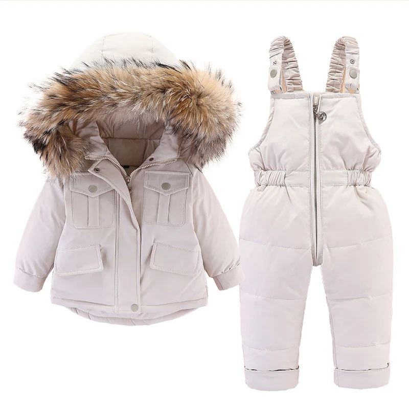 Doudoune et combinaison d'hiver pour enfants, veste épaisse pour bébé, manteau chaud pour filles, col en fourrure véritable, combinaison de neige pour garçons, 0-4 ans, ensemble de 2 pièces