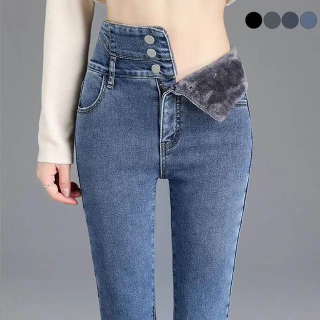 Thermique hiver épais polaire taille haute chaud jean moulant épais femmes Stretch bouton crayon pantalon maman décontracté velours jean