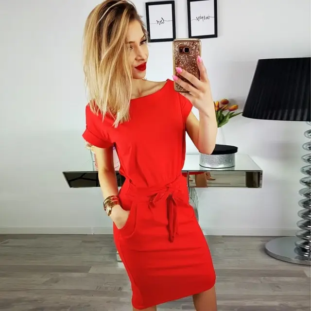 Robe mi-longue décontractée à manches courtes et col rond pour femme, vêtement ample en coton, coupe droite, noir, gris, bleu, avec poches, grande taille, été – Image 4