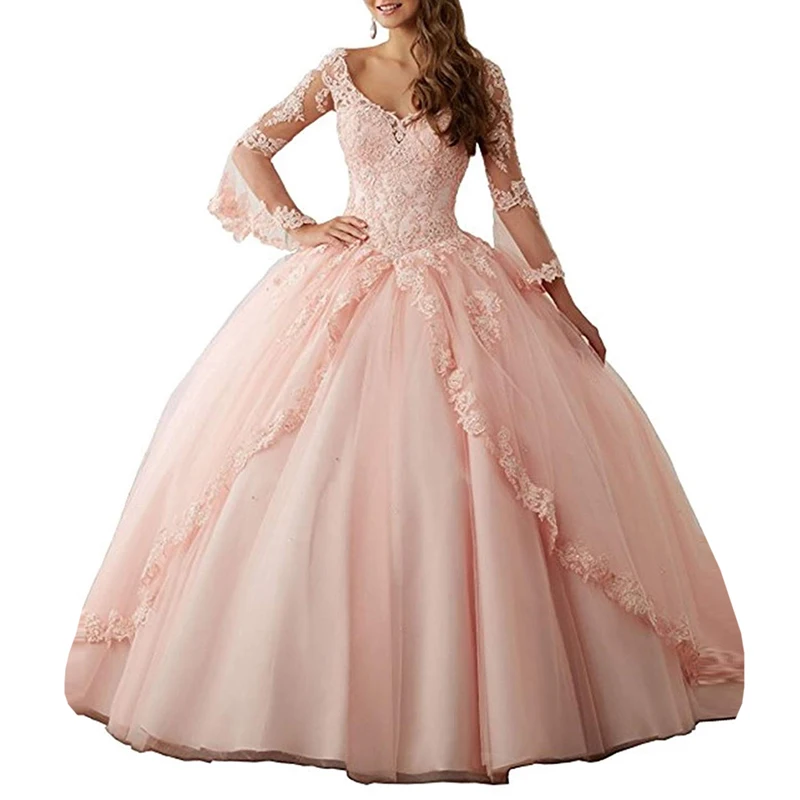 Robes de Quinceanera à manches longues pour filles, robe de Rhde princesse rose, robes de Rh, mariage, tout ce qui est doux, 15, 16