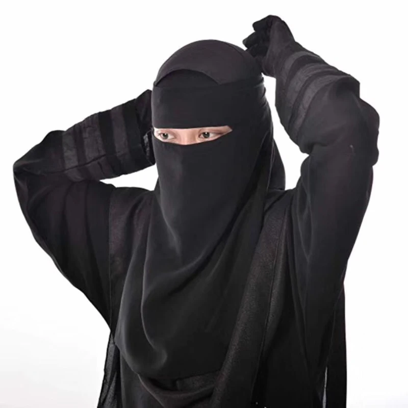 H211 une couche en mousseline de soie tissu niqab cravate dos visage couverture musulman hijab écharpe foulard seulement couleur noire turban casquette bonnet