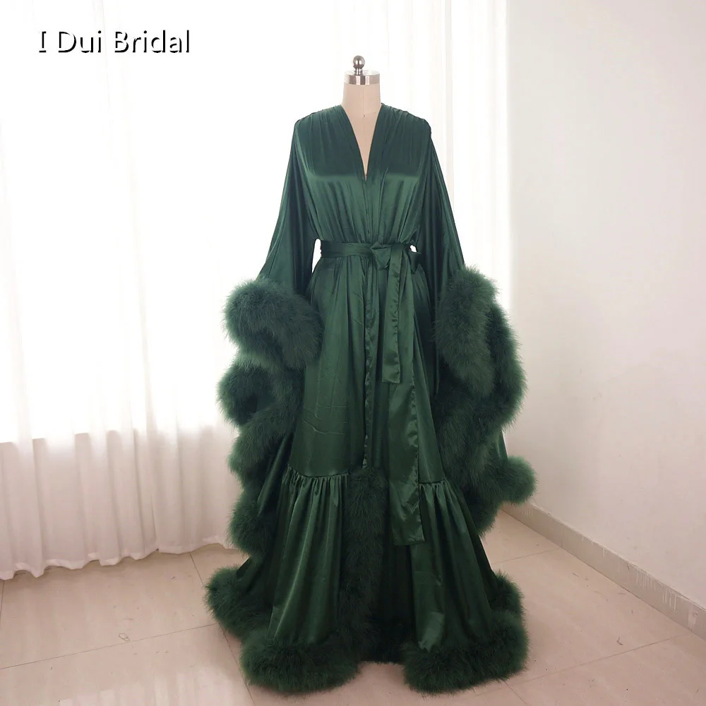 Robe en plumes de satin vert foncé, manches longues, longueur au sol, robe de fête d'anniversaire