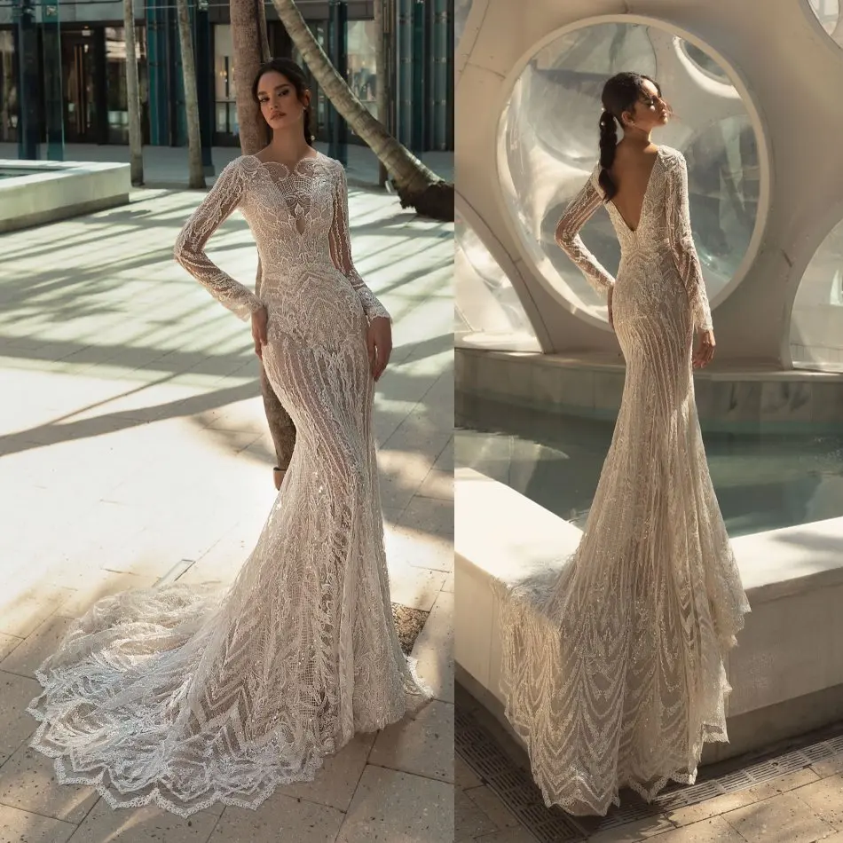 Robe de mariée sirène en dentelle et cristal, tenue de mariage, à manches longues, avec perles et cristaux, avec traîne, nouvelle collection, 2020