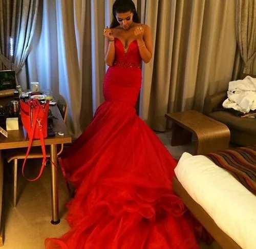 Robe de Rhsirène à volants perlés glamour, corset rouge, longue, chérie, train royal, soirée, quelle que soit la robe de Rh, 2025