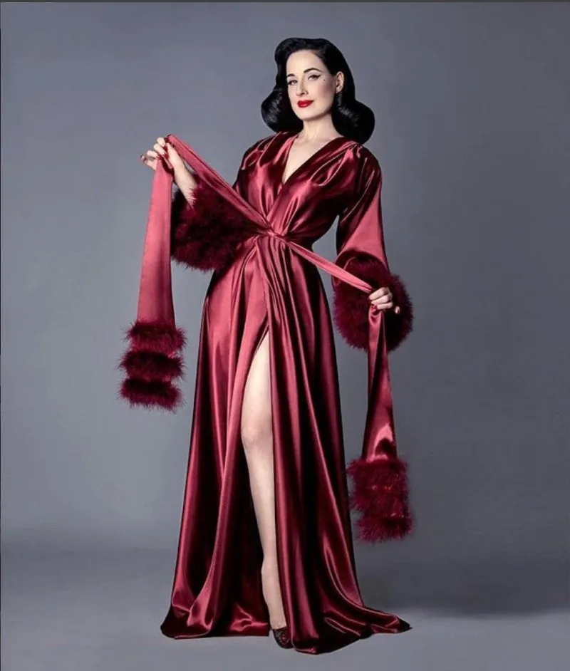 Peignoir bordeaux à plumes pour femmes, lingerie pleine longueur, chemise de nuit pyjama, vêtements de nuit de luxe, quel que soit le ménage