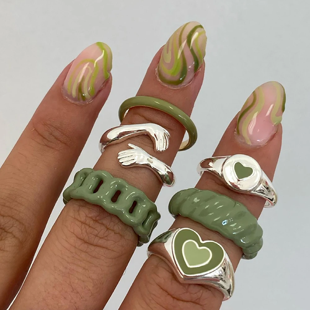 Ensemble de bagues Vintage pour femmes, 6 pièces, revêtement de peinture métallique, créatif, Style INS, amour, coeur, bijoux à la mode