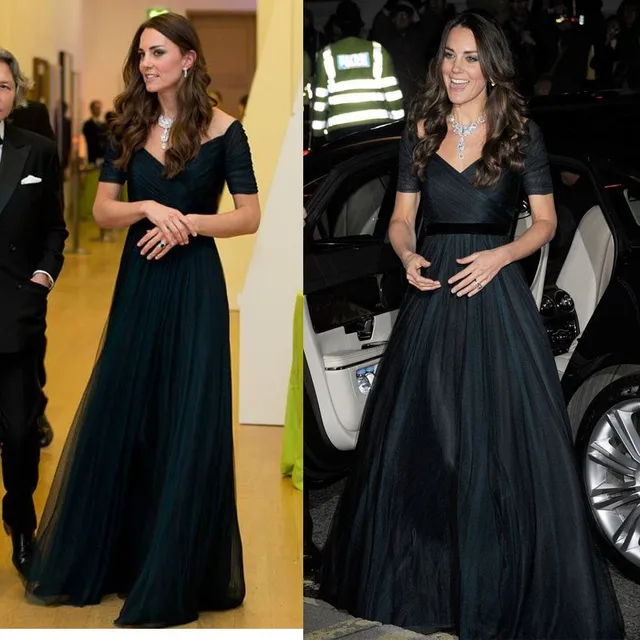 Kate ignoré-Robe de célébrité à manches courtes, robe formelle en mousseline de soie, longueur au sol, bleu marine, ligne A, élégante, acheter – Image 5