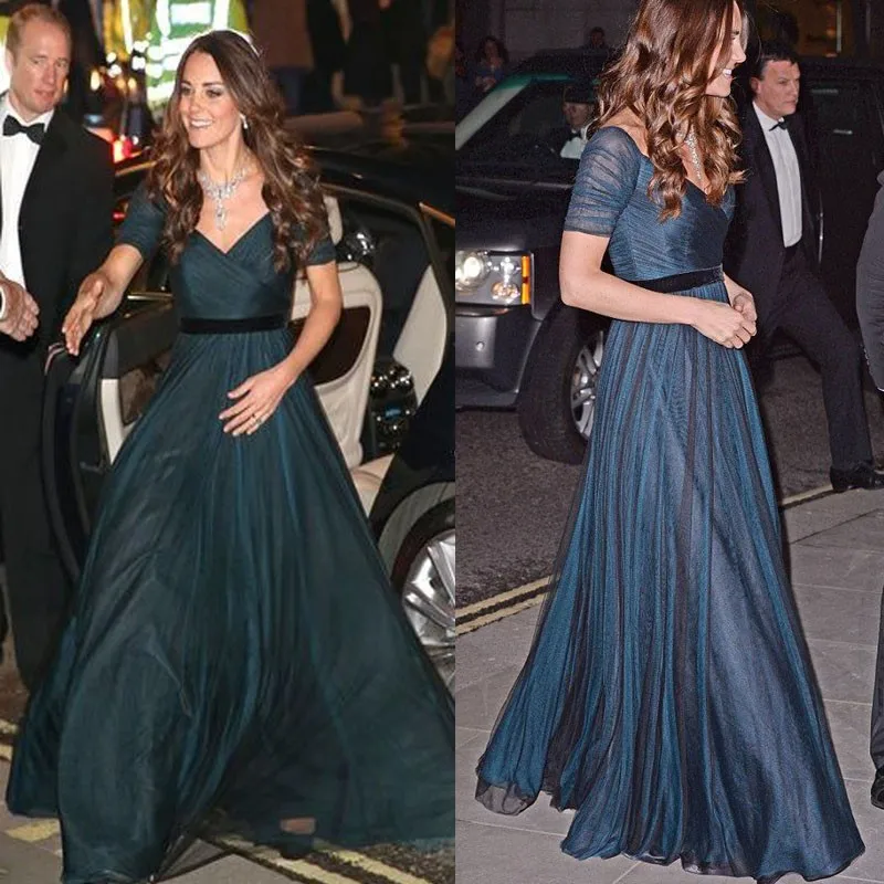 Kate ignoré-Robe de célébrité à manches courtes, robe formelle en mousseline de soie, longueur au sol, bleu marine, ligne A, élégante, acheter