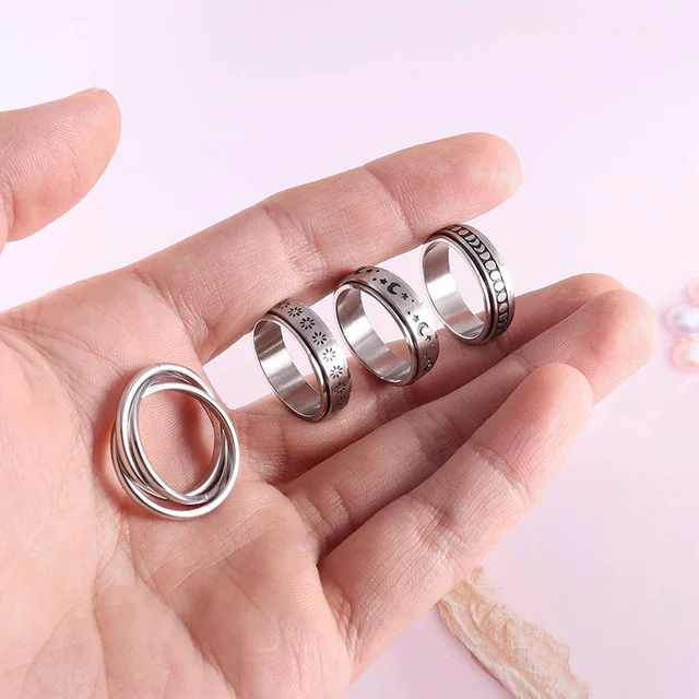 Anneau Spinner rotatif pour hommes et femmes, anneaux d'anxiété, en acier inoxydable, lune, étoile, chiffres romains, chaîne rotative – Image 5