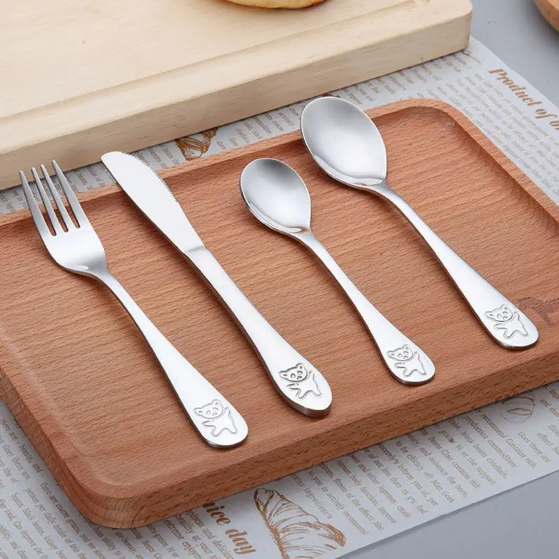 Cuillère fourchette alimentation couteau | Ustensile à thé pour bébé, fourchette d'alimentation, couteau, ustensiles en acier inoxydable, enfants apprentissage habitude de manger, enfants vaisselle 4 pièces/ensemble