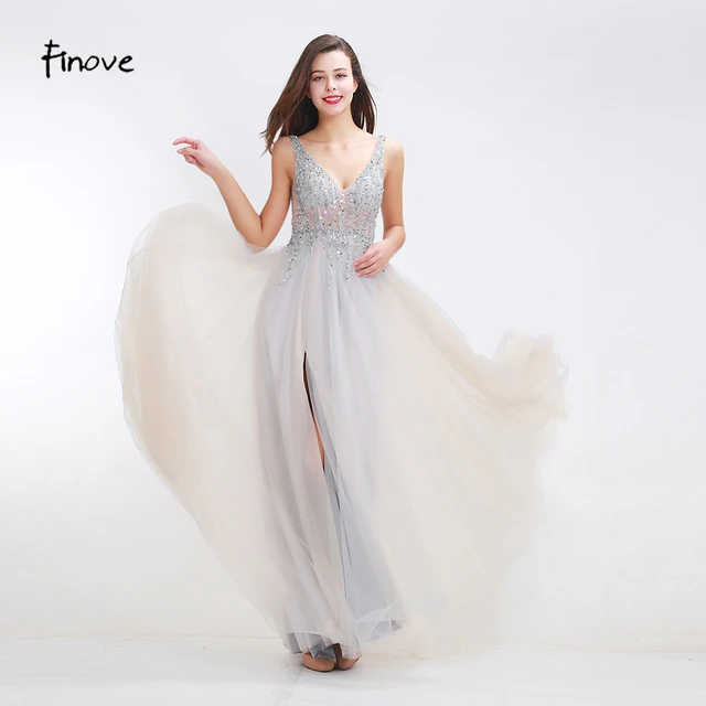 FinGru- Robe de Soirée Longue en Tulle pour Femme, Tenue Arabe, Sexy, Idée Légère, avec Perles, Col en V, Forme Trapèze, Élégante – Image 4