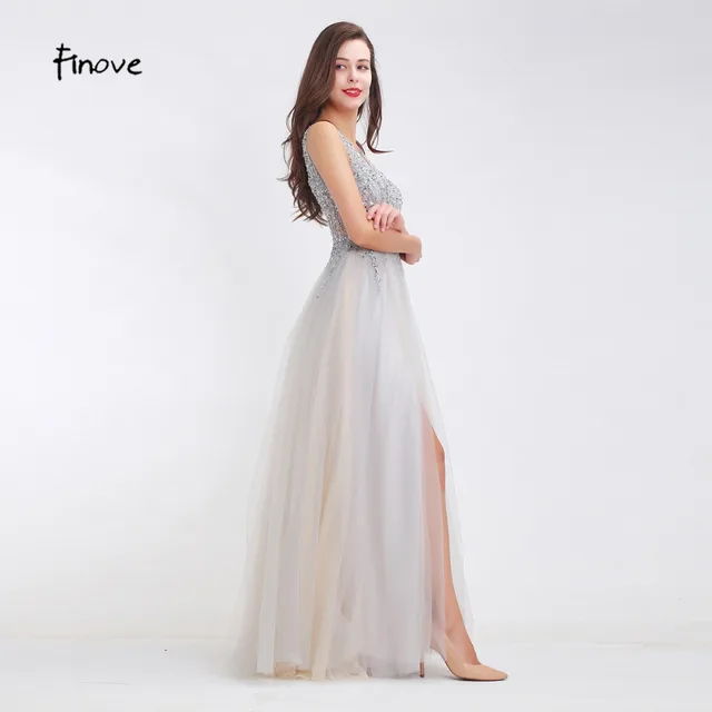 FinGru- Robe de Soirée Longue en Tulle pour Femme, Tenue Arabe, Sexy, Idée Légère, avec Perles, Col en V, Forme Trapèze, Élégante – Image 5