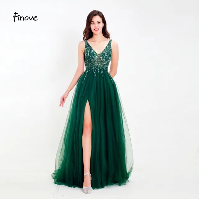 FinGru- Robe de Soirée Longue en Tulle pour Femme, Tenue Arabe, Sexy, Idée Légère, avec Perles, Col en V, Forme Trapèze, Élégante – Image 6