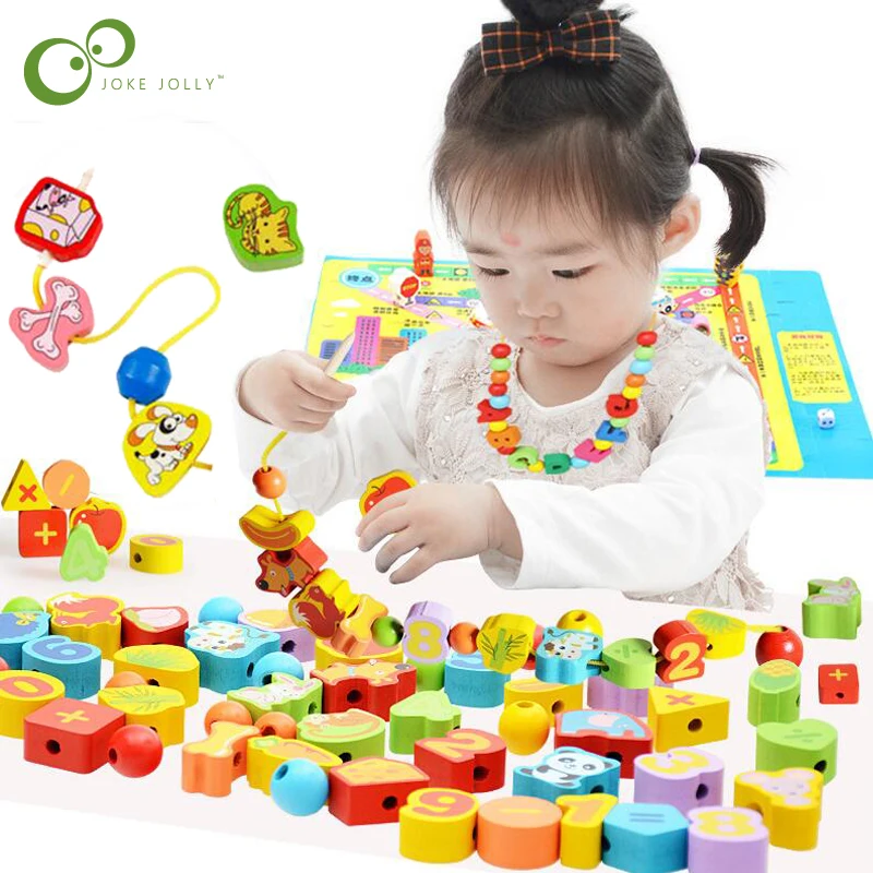 26 pièces jouets en bois bébé bricolage jouet dessin animé fruits animaux cordage filetage perles en bois jouet Monterssori éducatif pour les enfants GYH