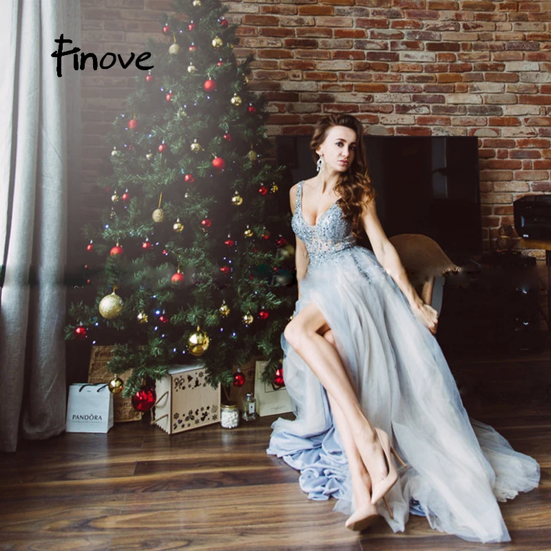 FinGru- Robe de Soirée Longue en Tulle pour Femme, Tenue Arabe, Sexy, Idée Légère, avec Perles, Col en V, Forme Trapèze, Élégante