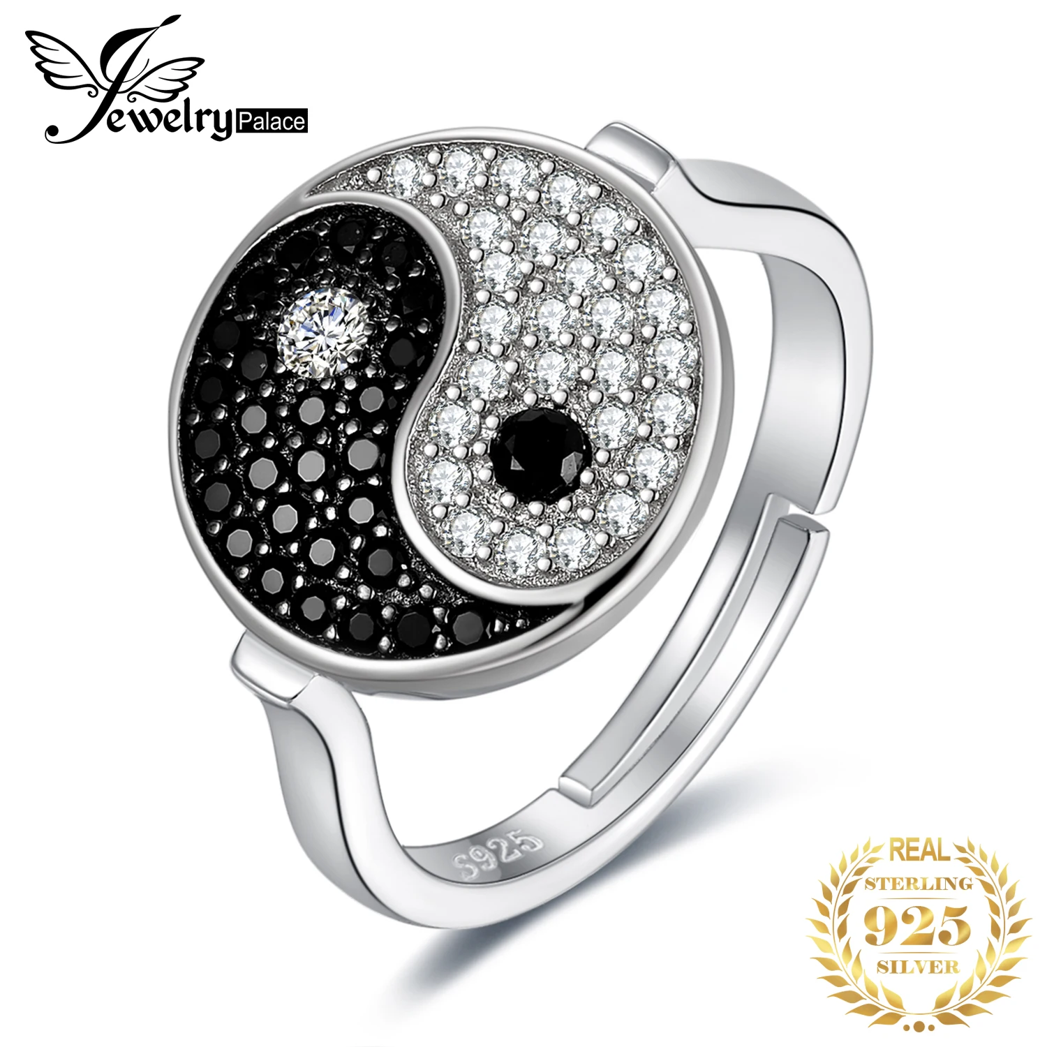 JewelryPalace – bague ajustable Unique en argent Sterling 925 pour femmes, anneau ouvert en spinelle noire véritable, Tai Chi Yin Yang