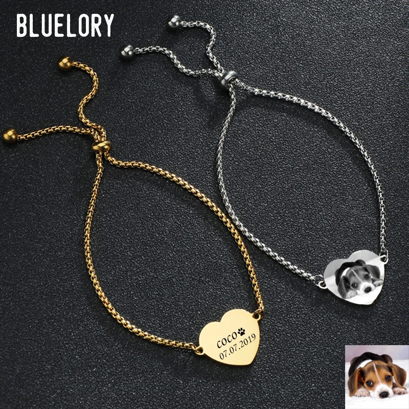 Bluelory personnalisé graver Photo d'animal de compagnie nom réglable Bracelet personnalisé en acier inoxydable coeur Bracelet pour les femmes