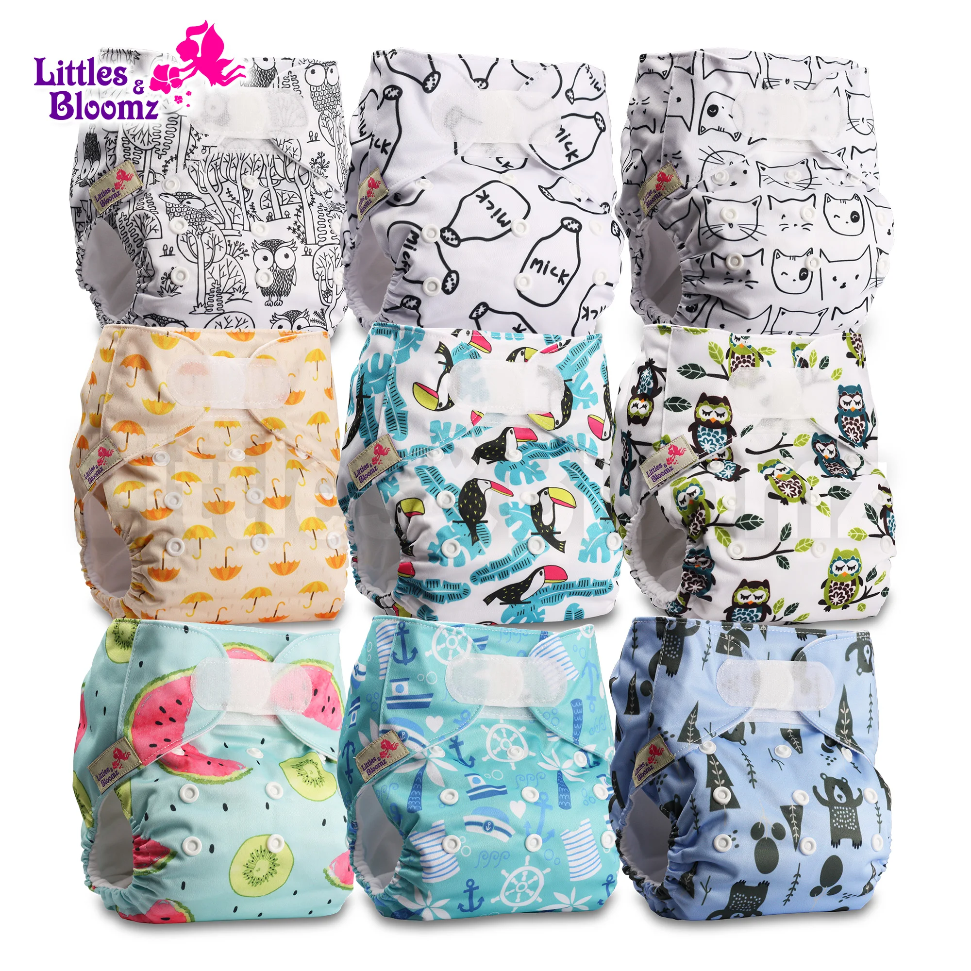 [Littles & Bloomz] 9 pièces/ensemble couche-culotte en tissu véritable lavable et réutilisable à boucle à crochet STANDARD, 9 couches/couches et 0 inserts dans un ensemble